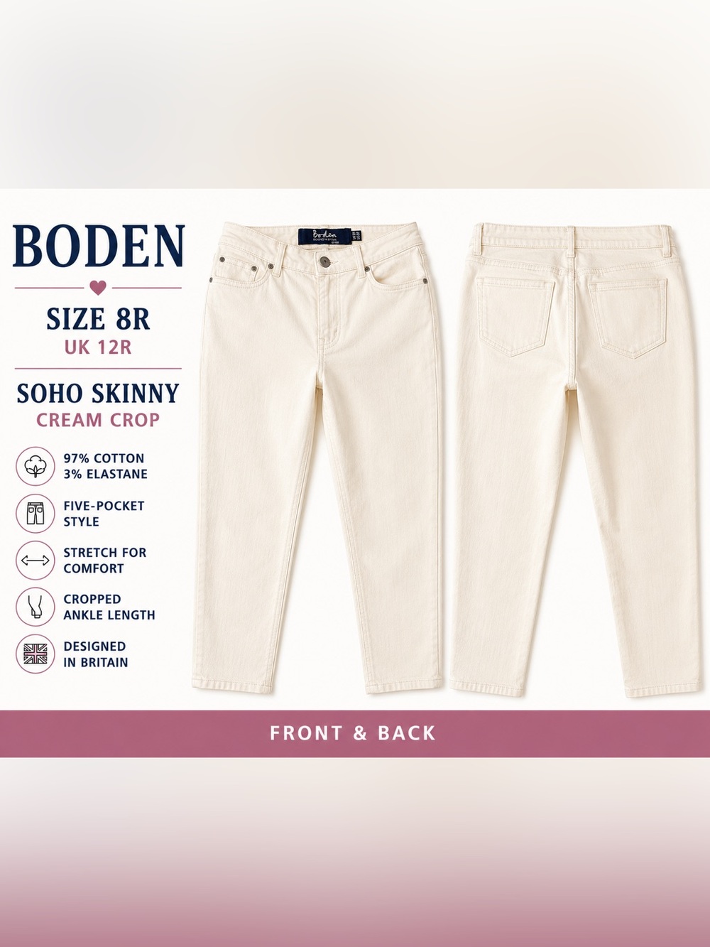 Boden Soho Skinny Ivory Cream Cropped Stretch Jeans Size 8R
